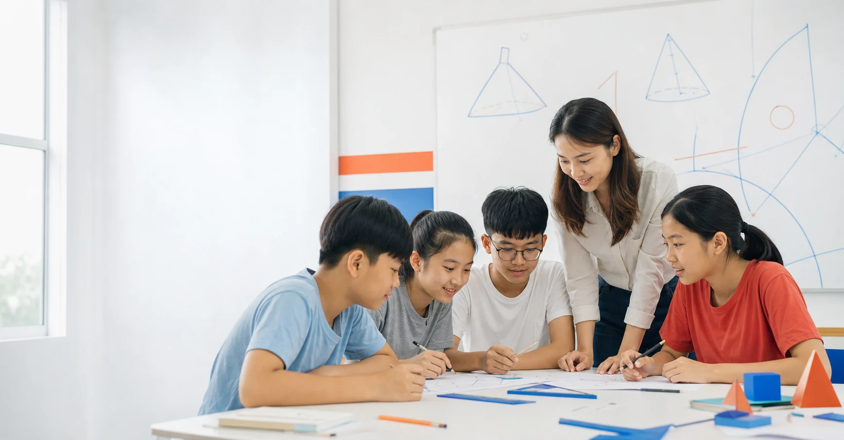 Giáo viên Âu Cơ hướng dẫn học sinh trong lớp Toán nhóm nhỏ